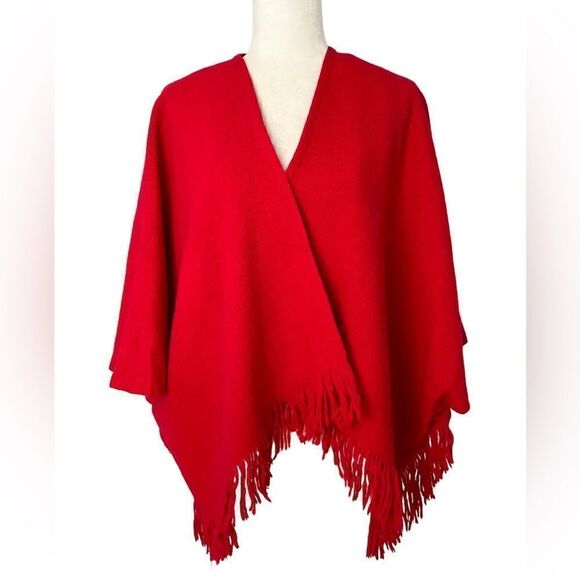 Vintage Red Wool Cape with Fringe | One size - Picture 2 of 6